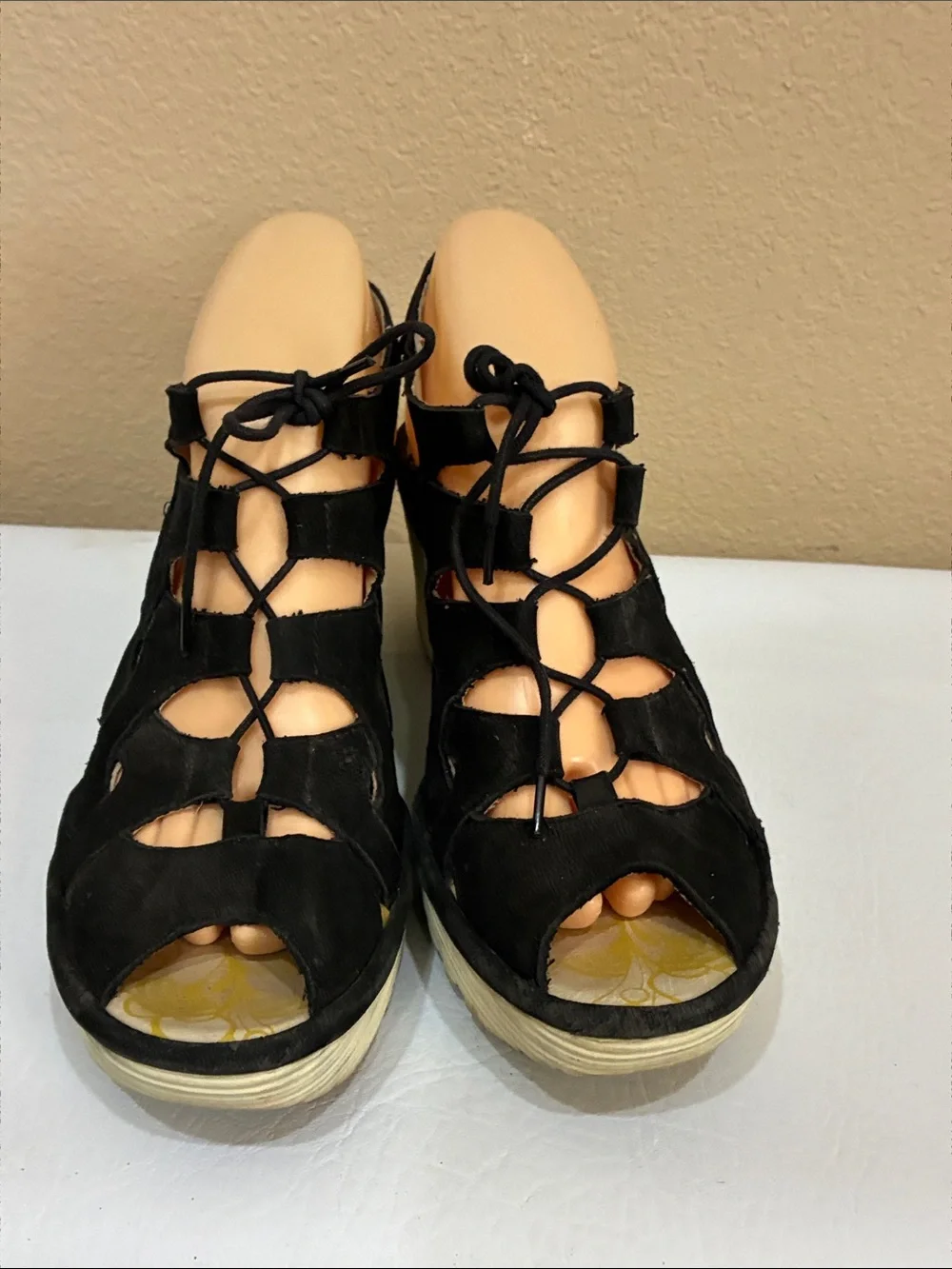 Fly London Black Lace-Up Cutout Wedge Sandals with Cream Platform